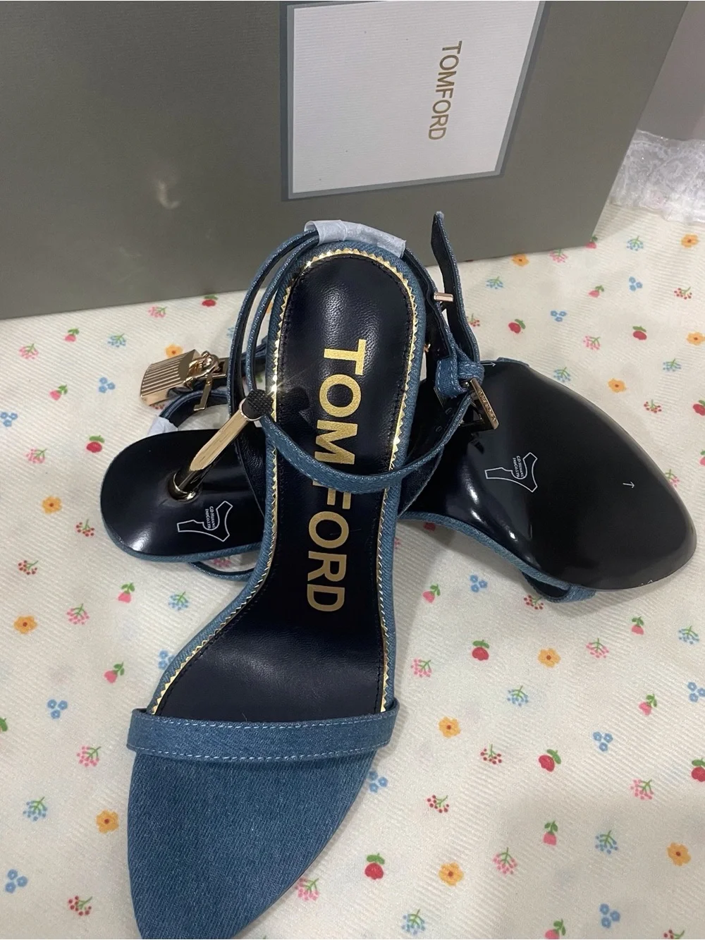 Tom Ford Denim Blue Pointed-Toe Ankle-Strap Heels with Gold Accents